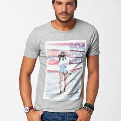 Grey Color Round Neck Printed T-Shirt