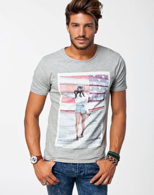 Grey Color Round Neck Printed T-Shirt